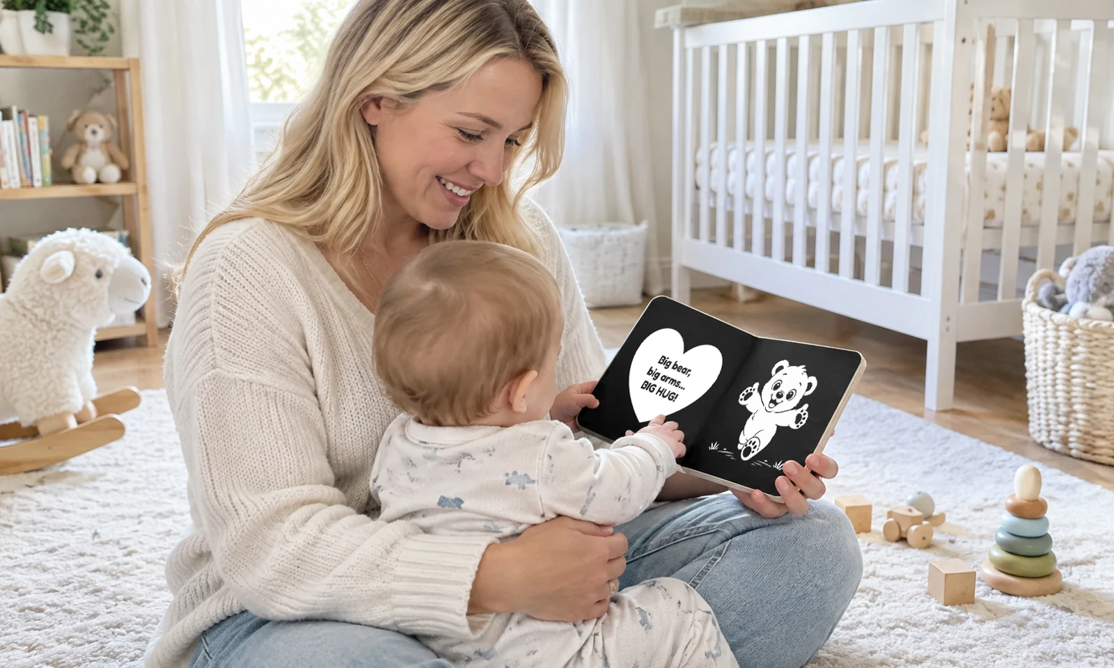 A parent and baby sharing a Discover Animals! book, with the baby reaching toward the bear illustration.
