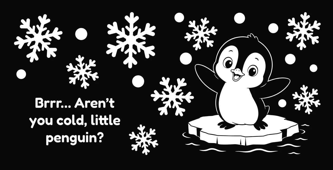 A penguin surrounded by snowflakes