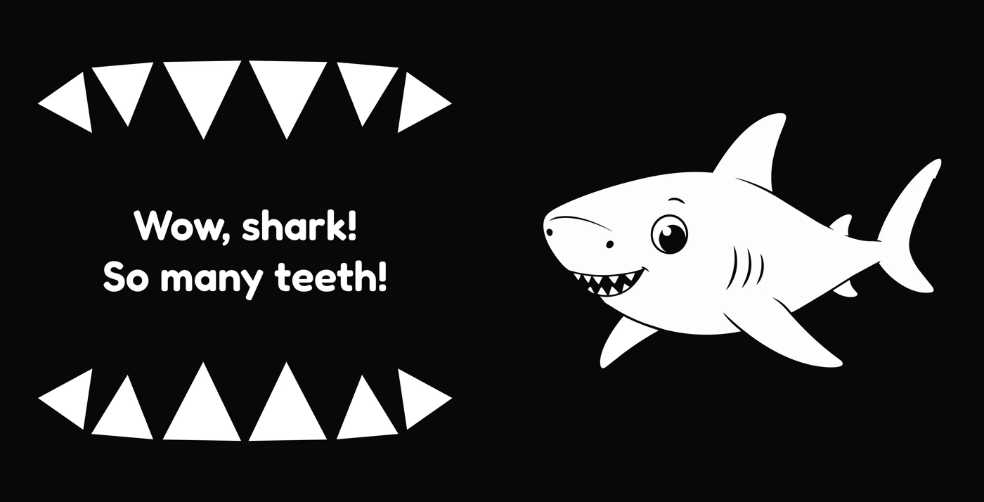 A smiling shark and rows of triangular teeth