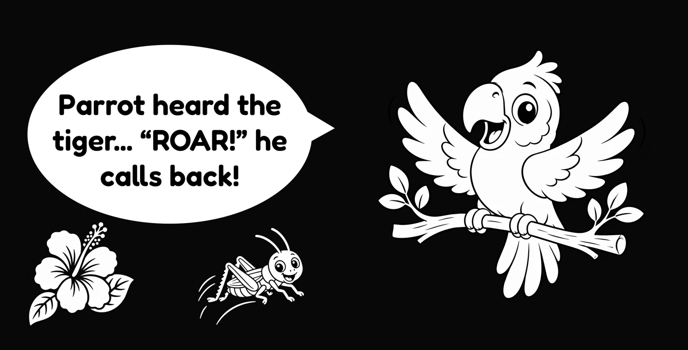 A parrot calling back to the tiger